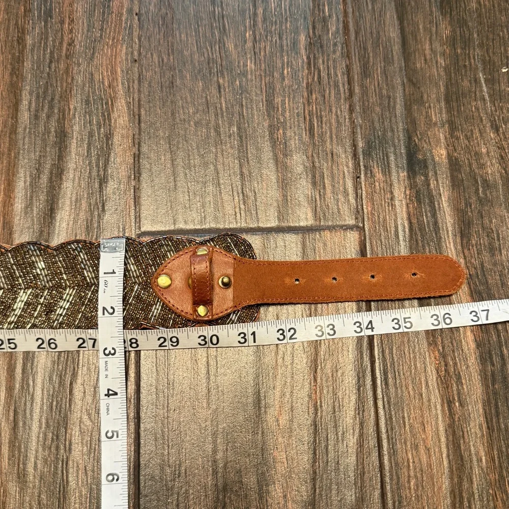 Motif 56 Brown Leather Glass Beaded Scalloped Wide Belt Size Large Statement